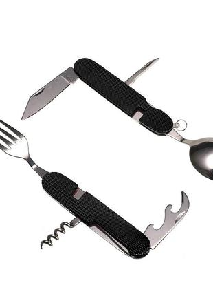 Туристический набор складной (мультитул) 6 в 1 (ложка, вилка, нож, открывалка, штопор) black3 фото