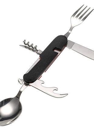 Туристический набор складной (мультитул) 6 в 1 (ложка, вилка, нож, открывалка, штопор) black
