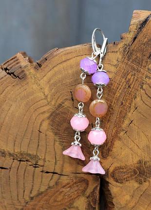 Длинные серьги нежно розового цвета. чешское стекло