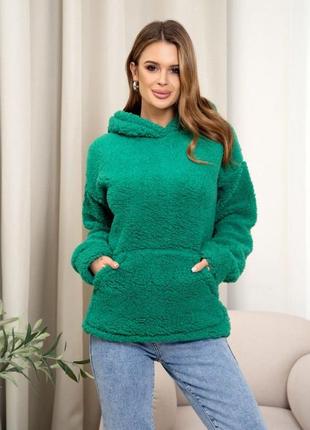 Зеленое теплое худи из искусственного меха