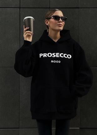 Худи женское оверсайз теплое на флисе с принтом с капишоном с карманом качественное стильное черное серое1 фото