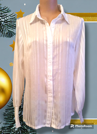 Женская нарядная белая блуза рубашка шифоновая в полоску серебристая идеальное состояние