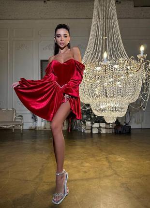 Стильна вечірня червона яскрава оксамитова сукня міні