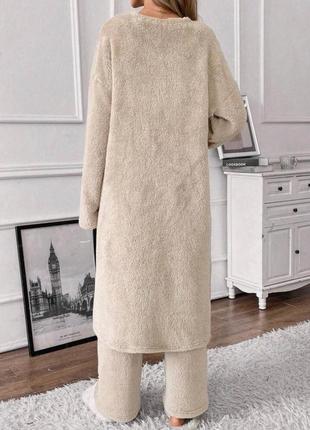 Тепленький махровий домашній комплект трійка жіночий зимовий мʼякий, піжама мішка майка + штани + халат3 фото