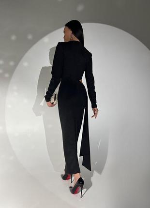 Платье женское миди, трикотажное с люрексом, прилегающее, с разрезом, c поясом, вечернее, черное7 фото