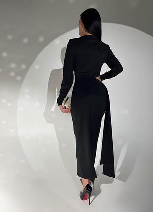 Платье женское миди, трикотажное с люрексом, прилегающее, с разрезом, c поясом, вечернее, черное8 фото