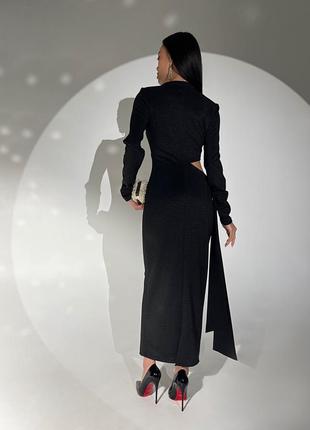 Платье женское миди, трикотажное с люрексом, прилегающее, с разрезом, c поясом, вечернее, черное6 фото