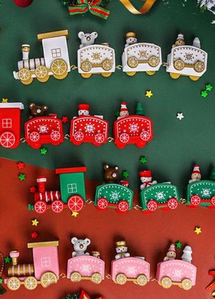 Декоративний, різдвяний, деревяний потяг. новорічні іграшки. червоний, зелений, білий.2 фото
