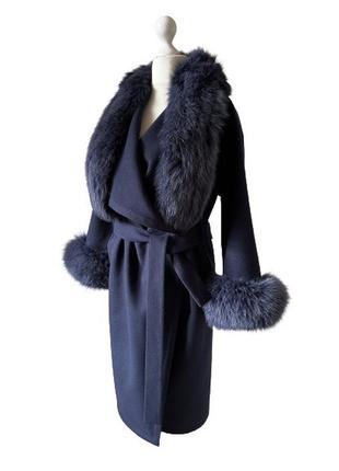 Элегантное синее пальто без подкладки с воротником из натурального меха лисы 46 ro-270061 фото