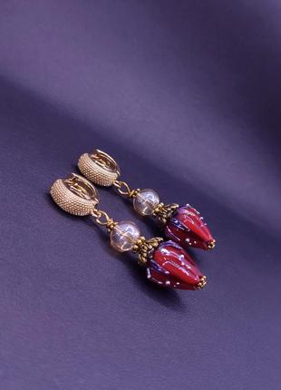 Шикарные позолоченные сережки кольца с бутонами роз муранское стекло лемпворк серьги3 фото