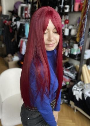 Парик длинный красный, вишневый ровный с челкой