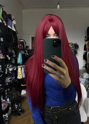 Парик длинный красный, вишневый ровный с челкой