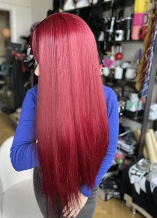 Парик длинный красный, вишневый ровный с челкой