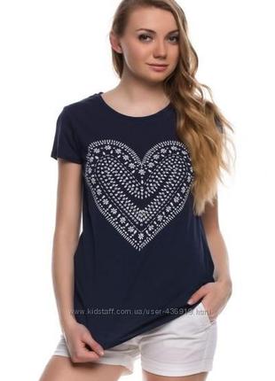 Женская футболка синяя de facto / де факто с белым сердцем1 фото
