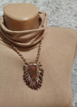 Кольє бісерне з натуральним каменем, срібна застібка, намисто з бісеру з кулоном.4 фото