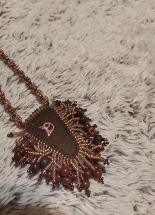 Кольє бісерне з натуральним каменем, срібна застібка, намисто з бісеру з кулоном.6 фото