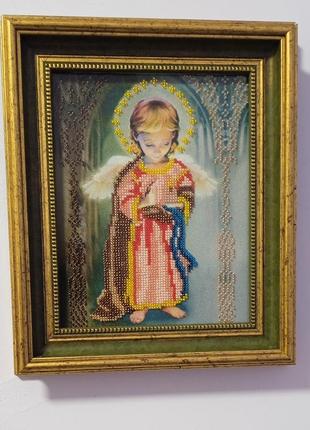 Картина ручной работы "рождественский ангел со свечей "вышит бисером в раме2 фото