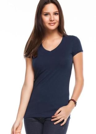 Женская футболка синяя de facto / де факто с v-образным вырезом1 фото