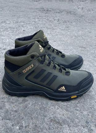 Мужские зимние кожаные кроссовки/ботинки на меху adidas хаки6 фото