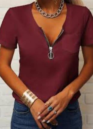 Бордовая блуза футболка марсала с молнией на груди s