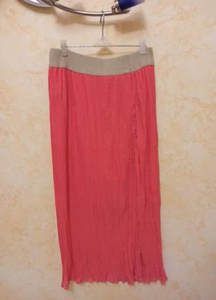 Юбка макси на подкладке  плиссе пояс резинка впереди разрез