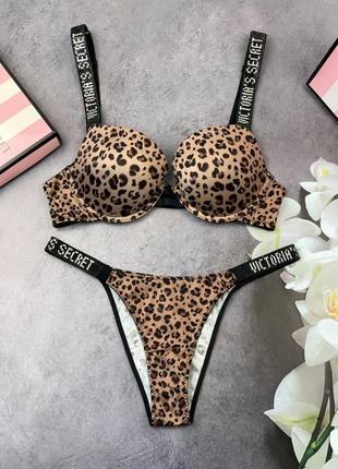 Комплект жіночий victoria’s secret model rhinestone топ+трусики леопард