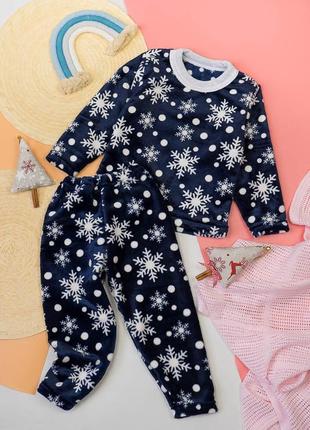 Махровая детская пижама новогодняя снежинки , махрова дитяча піжама зі сніжинками новорічна велсофт махра