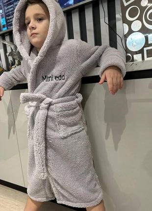 Детский мягкий халат махровый серого цвета с капюшоном размеры 134-1643 фото