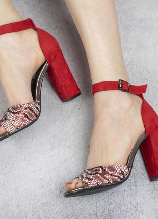 Червоні замшеві туфлі, босоніжки з принтом ремінцем на широкому зручному каблуці модні2 фото