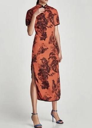 Терракотовое платье с пейзажем в восточном китайском стиле ципао