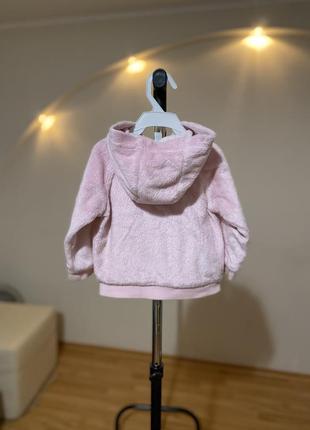 Кофта розовая на девочку плюшевая мягкая теплая на замке утеплена с капюшоном с мордочкой4 фото