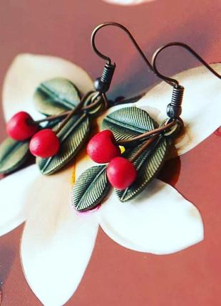 Мініатюрні ерьги вишеньки, сережки з ягодами, ягідні прикраси, черешня, вишня6 фото