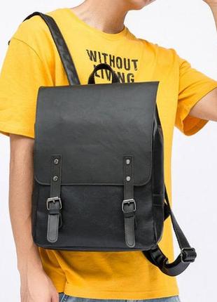 Винтажный мужской рюкзак эко кожа черный3 фото