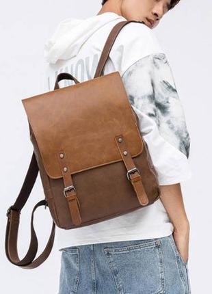 Винтажный мужской городской рюкзак экокожина светло-коричневый