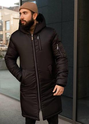 Мужская стильная тёплая зимняя парка чёрная. мужская удлинённая зимняя куртка