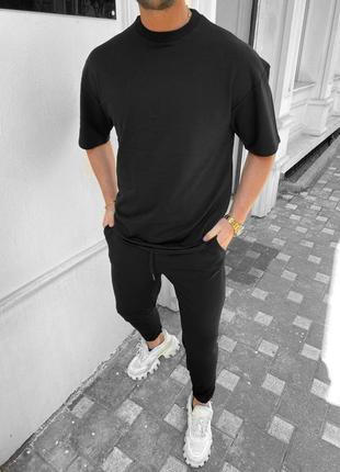 Мужской стильный оверсайз комплект футболка и штаны чёрный