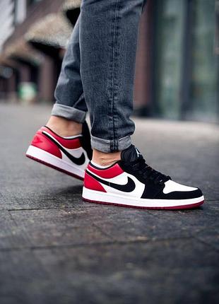 Чоловічі кросівки jordan retro 1 low "bred" чорно-білі з червоним