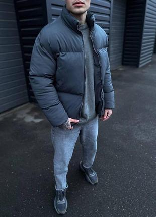 Чоловічий теплий стильний зимовий пуховик темно-сірий. чоловіча зимова куртка без капюшона темно-сіра2 фото