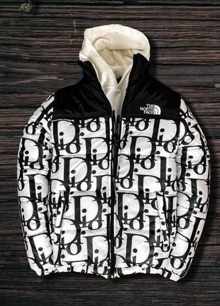 Мужской пуховик tnf. мужская тёплая зимняя куртка тнф без капюшона чёрно-белая с узорами