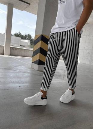 Чоловічі стильні смугасті штани кежуал вільного крою чорно-білі розмір xl