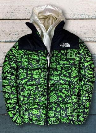 Мужской пуховик tnf. мужская тёплая зимняя куртка без капюшона tnf чёрная с зелёным