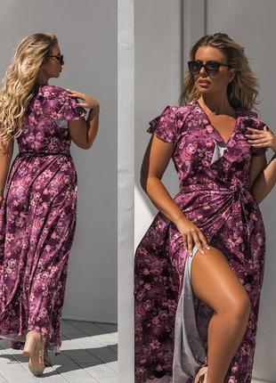 Женское платье в больших размерах 2177 "штапель цветы макси запах рюши" в расцветках3 фото