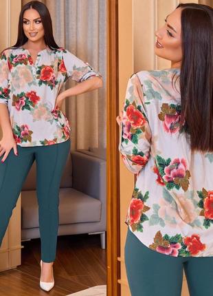 Батальна блузка з квітковим принтом 41486-2 в різних кольорах