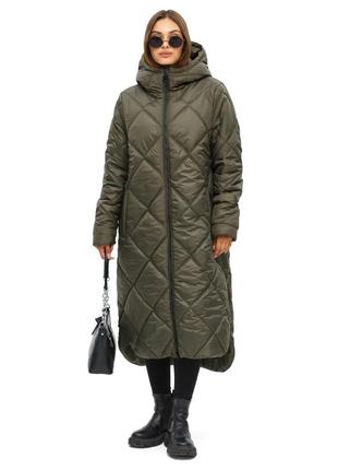 Стеганая длинная зимняя куртка хаки <unk> 75160