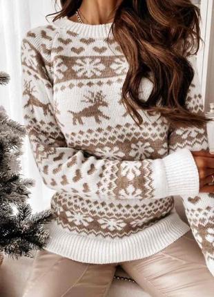 Жіночий светр без горла новорічний розмір l - xl зима білий з малюнком олені4 фото