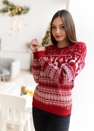Зимний свитер женский l - xl красный с оленями