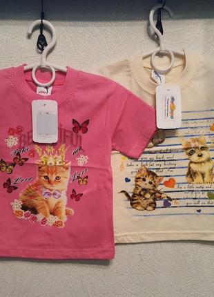 Хлопковая футболка с узором, котик, девочка, собачка1 фото