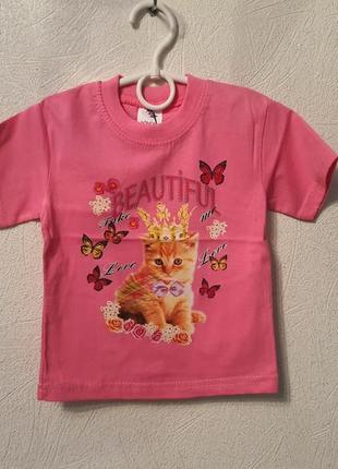 Хлопковая футболка с узором, котик, девочка, собачка2 фото