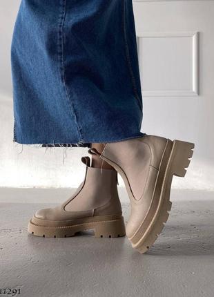 Бежевые натуральные кожаные зимние ботинки челси с резинками на резинках толстой подошве кожа зима беж визон9 фото