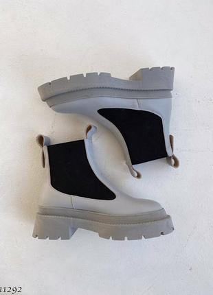 Серые натуральные кожаные зимние ботинки челси с черными резинками на резинках толстой подошве кожа зима2 фото